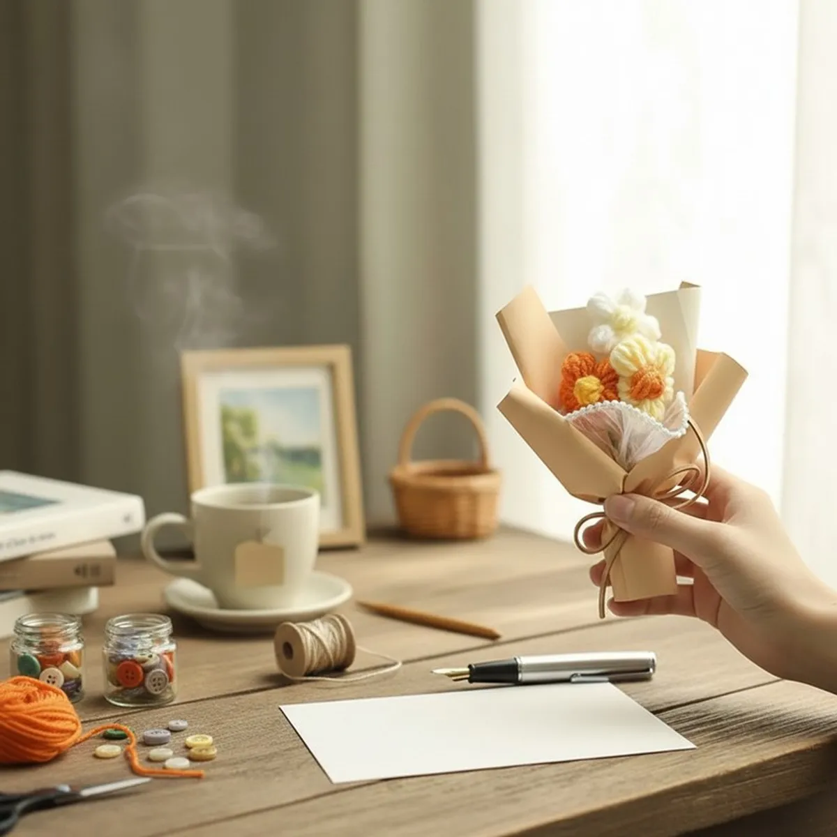 Hand holding a crochet flower arrangement above a craft table with yarn and stationery.