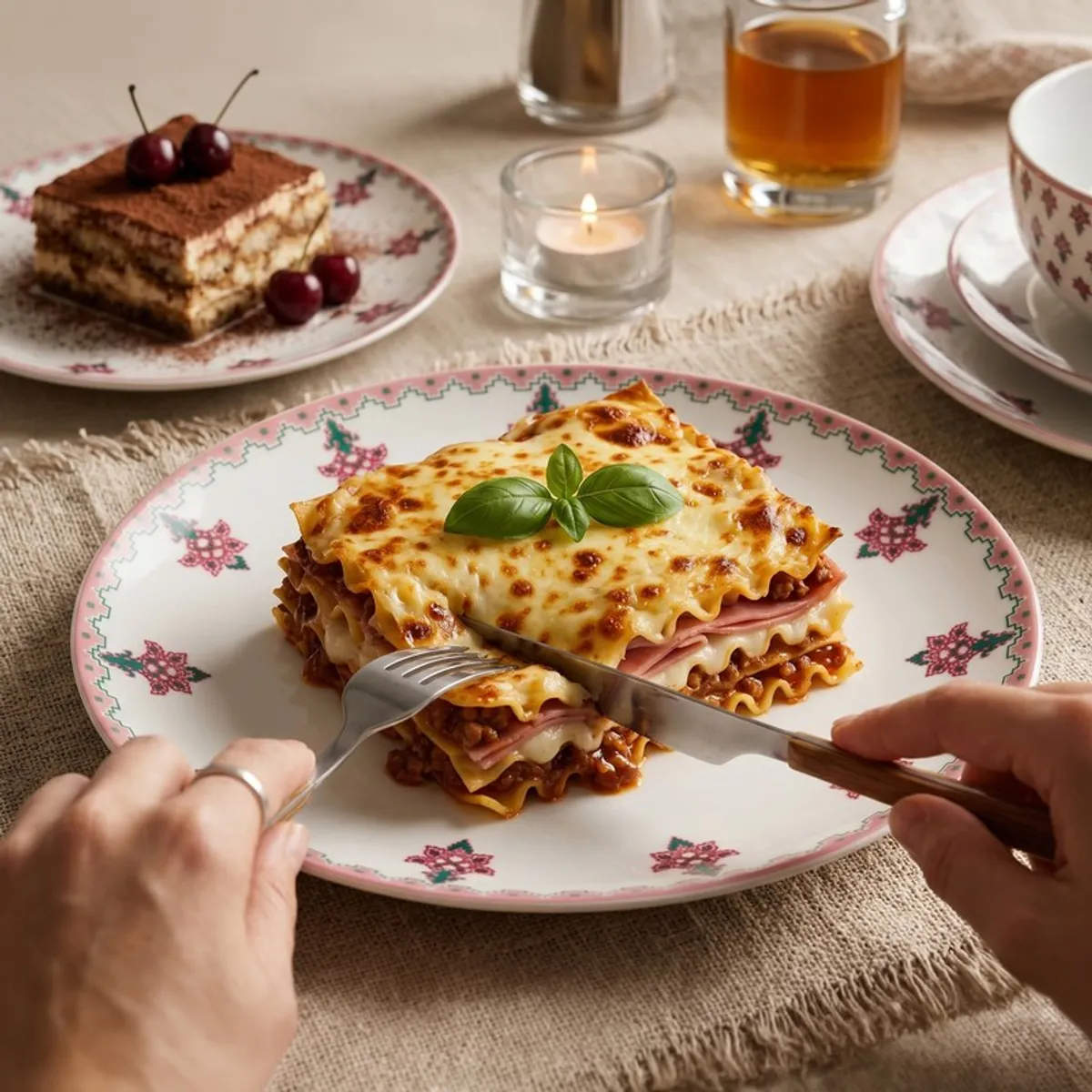 Pink and white floral dinner plate serving lasagne on a styled dining table