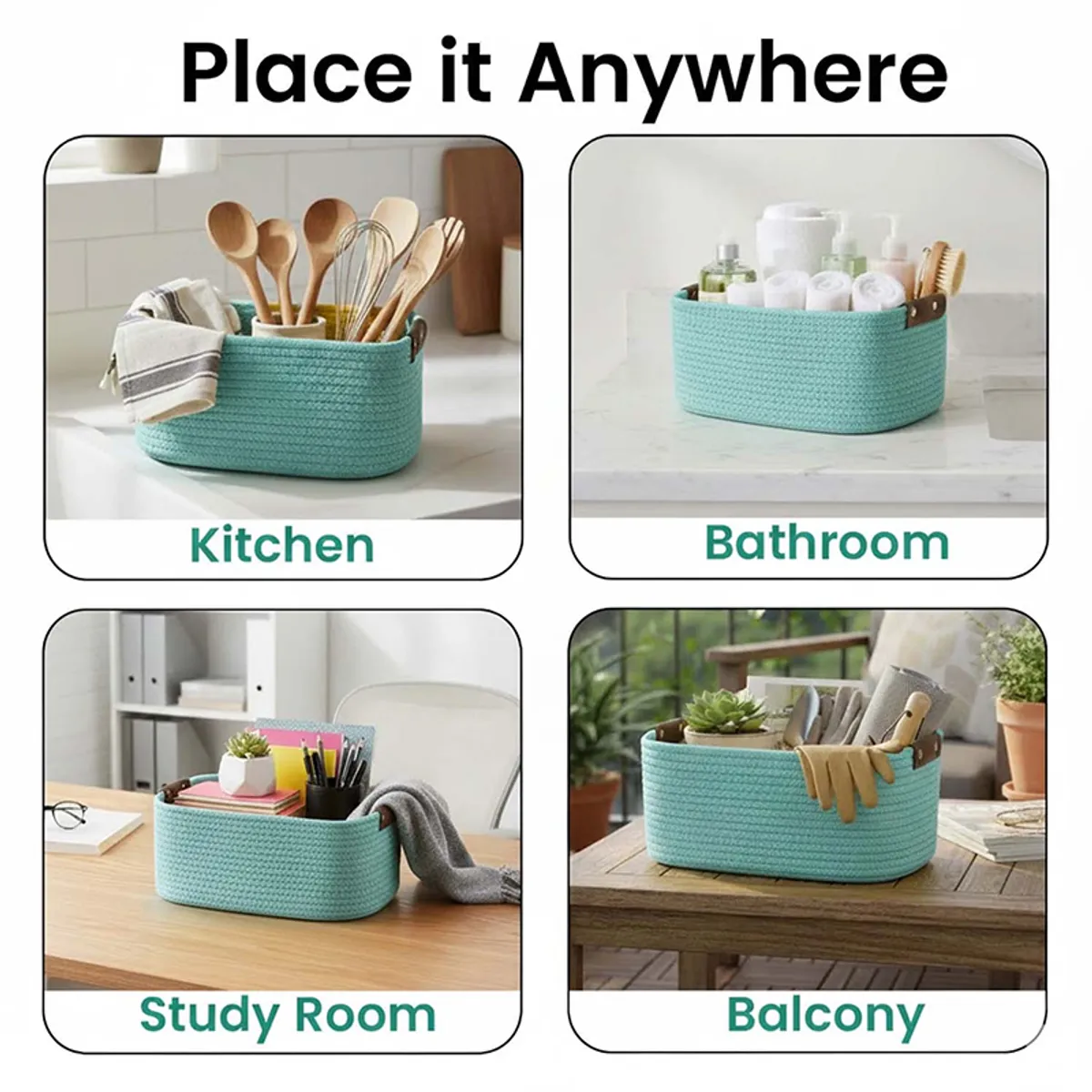 Blue rectangular storage basket shown styled in different rooms