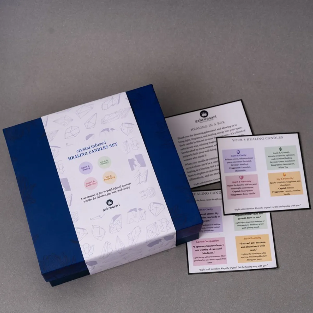 Blue candle gift box with printed cards and a leaflet displayed beside it.
