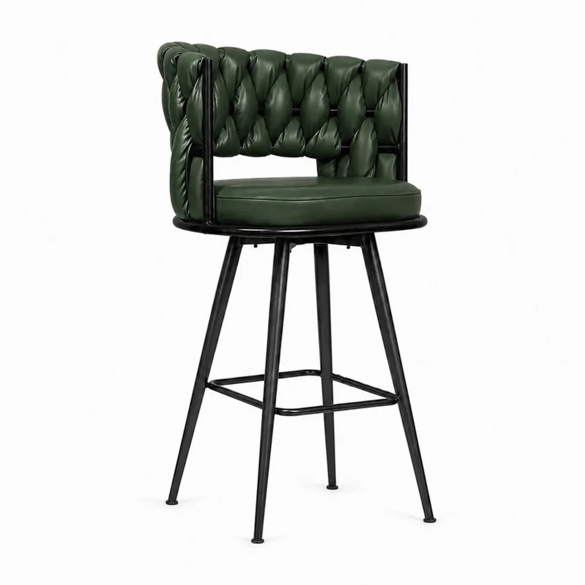 Three-quarter view of a green textured bar stool with a black metal frame and footrest.