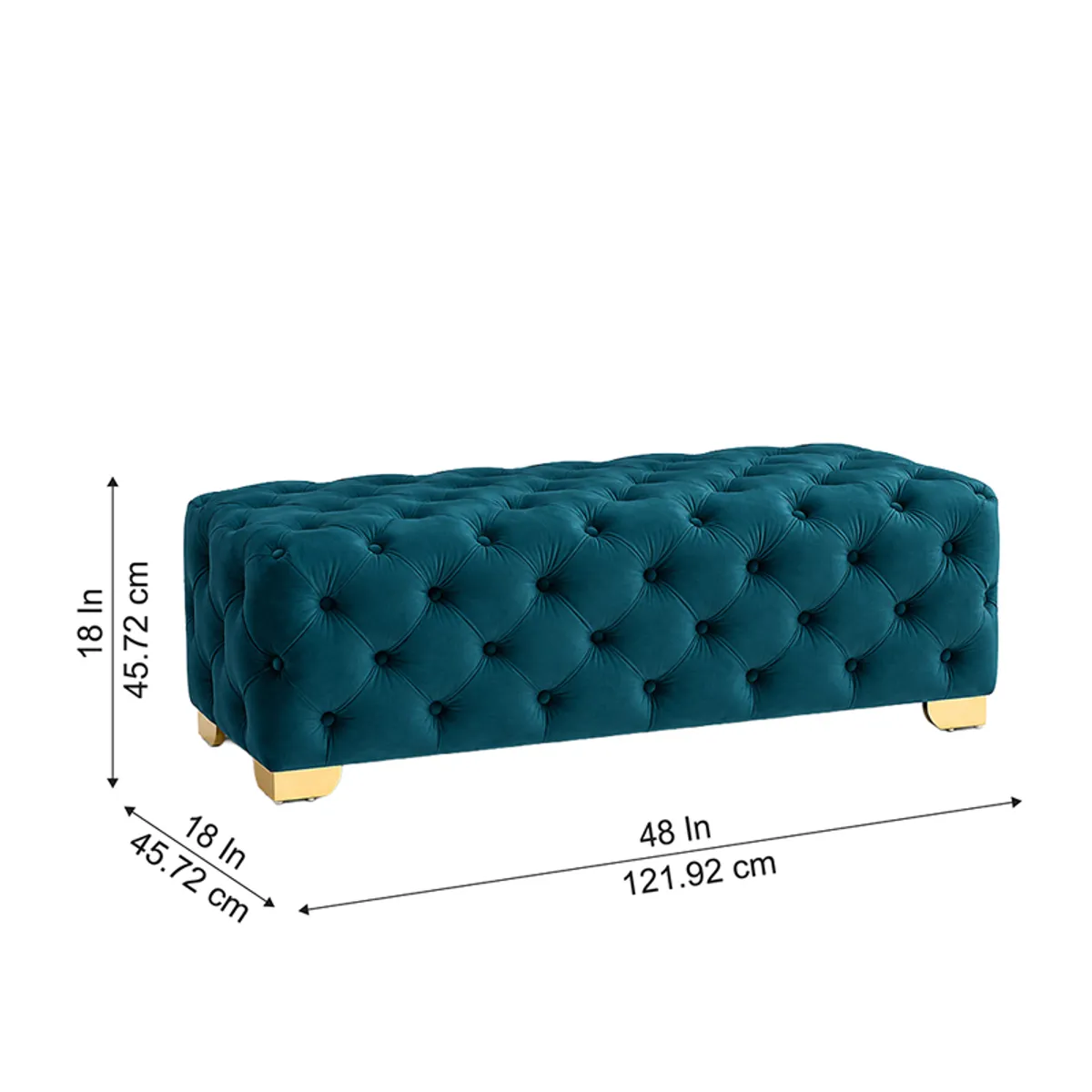 Teal velvet button-tufted bench with visible width, depth and height markers