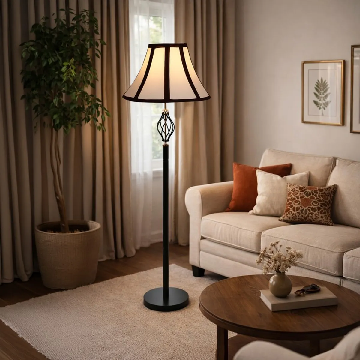 Black floor lamp with glowing white paneled shade in a warm neutral living room