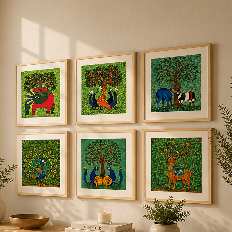 Forest Folk Paper Wall Painting With Frame - Set Of Six