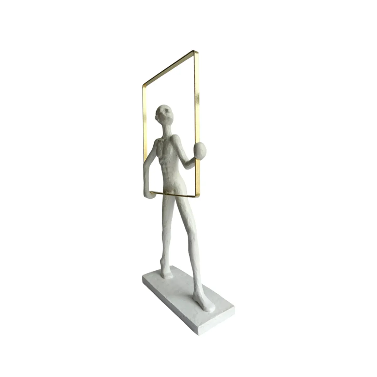 Rear three-quarter view of the white figurine with a gold frame