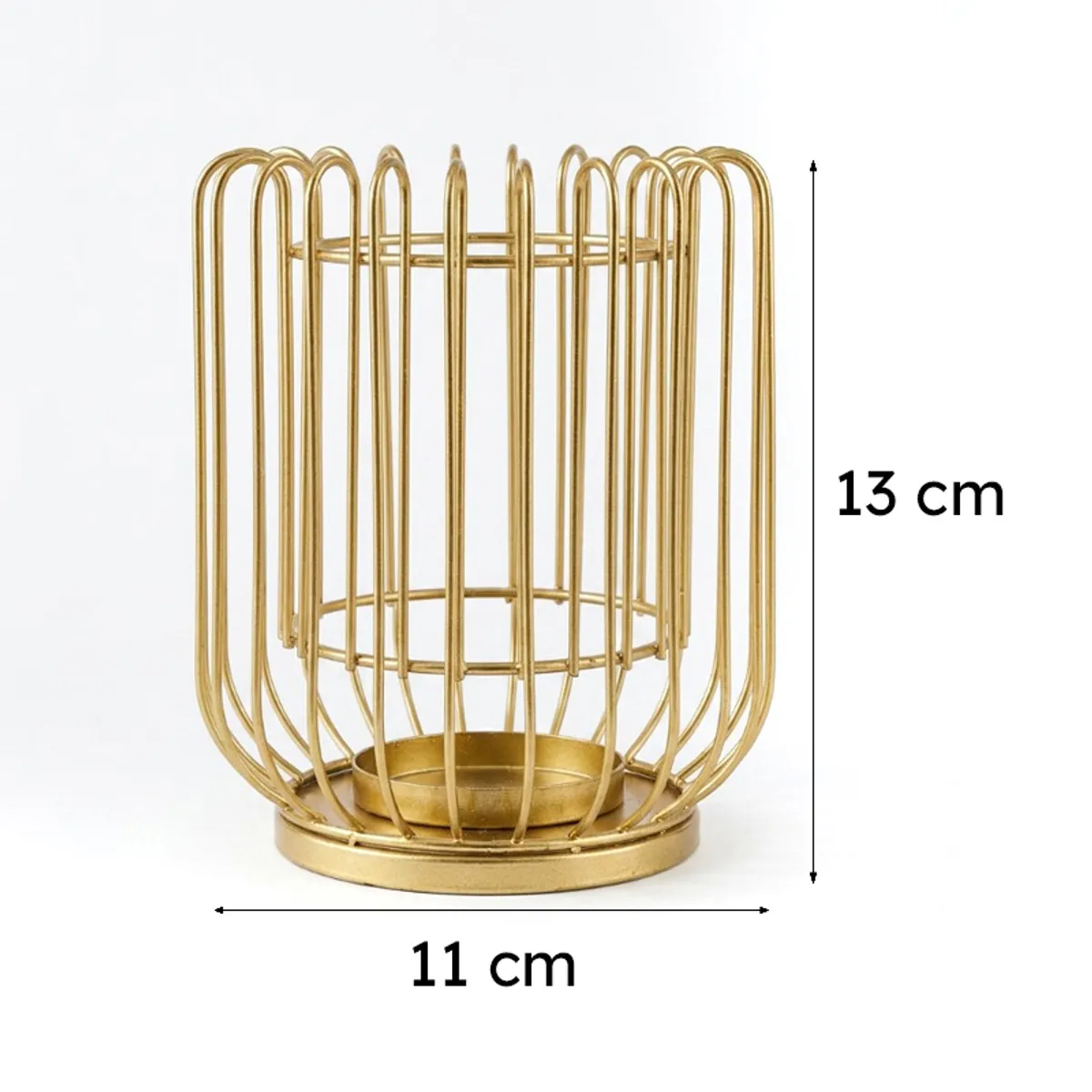 Gold metal cage-style planter shown against a white background