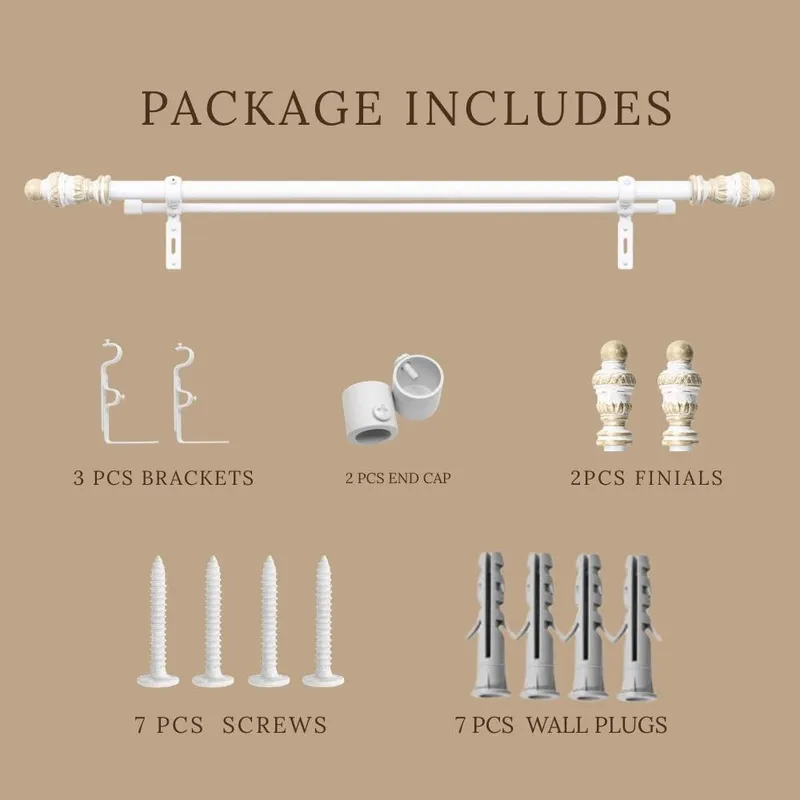 Double curtain rod set with brackets, end caps, finials, screws and wall plugs