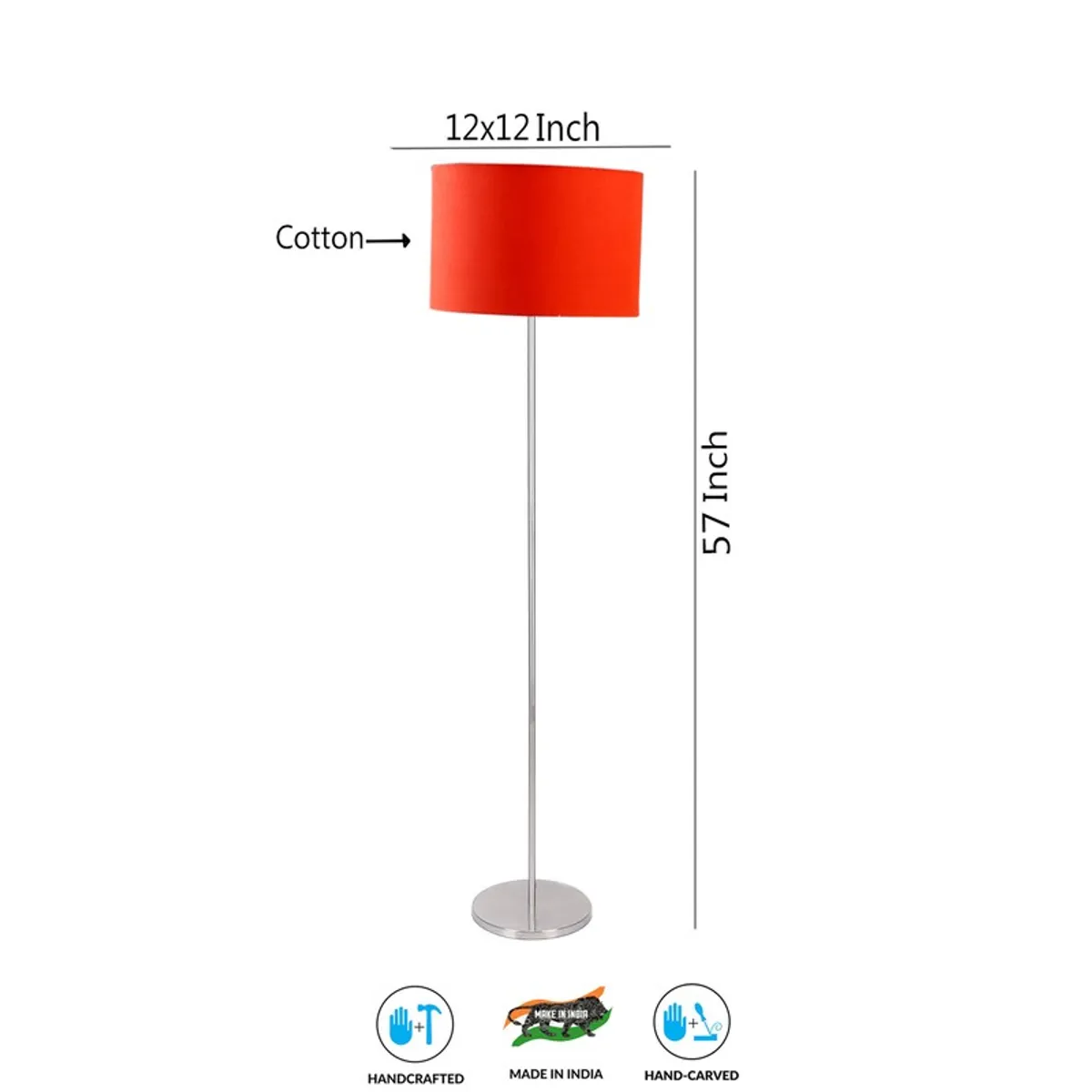 Orange floor lamp shown front-facing with a cylindrical shade and round base