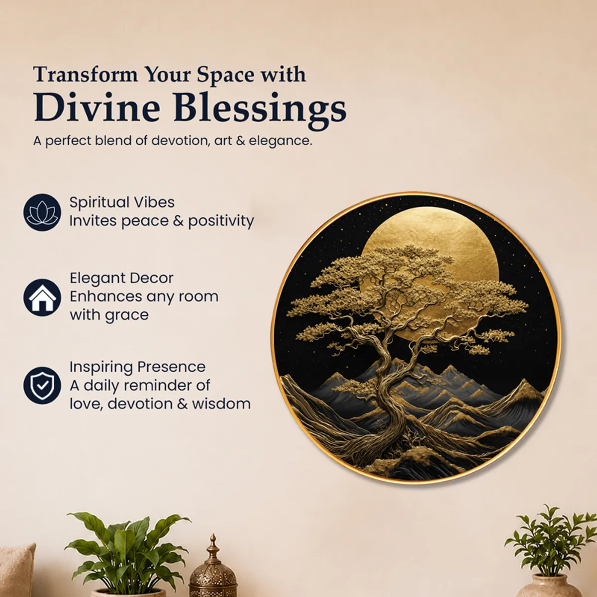 Promotional graphic showing round black and gold tree wall art with decorative text