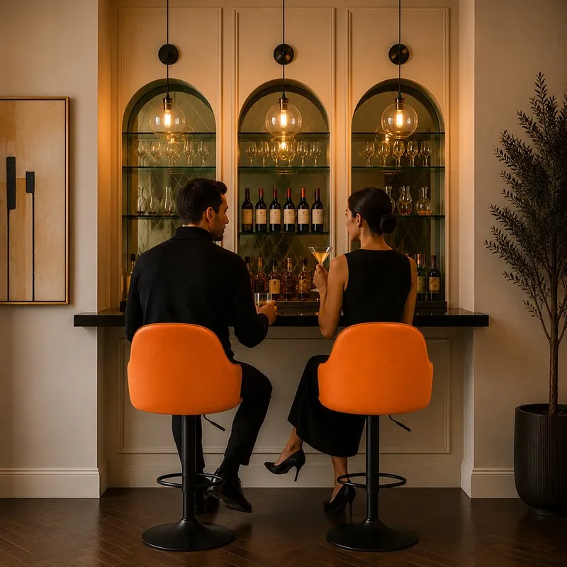 Two orange bar chairs placed at a home bar counter