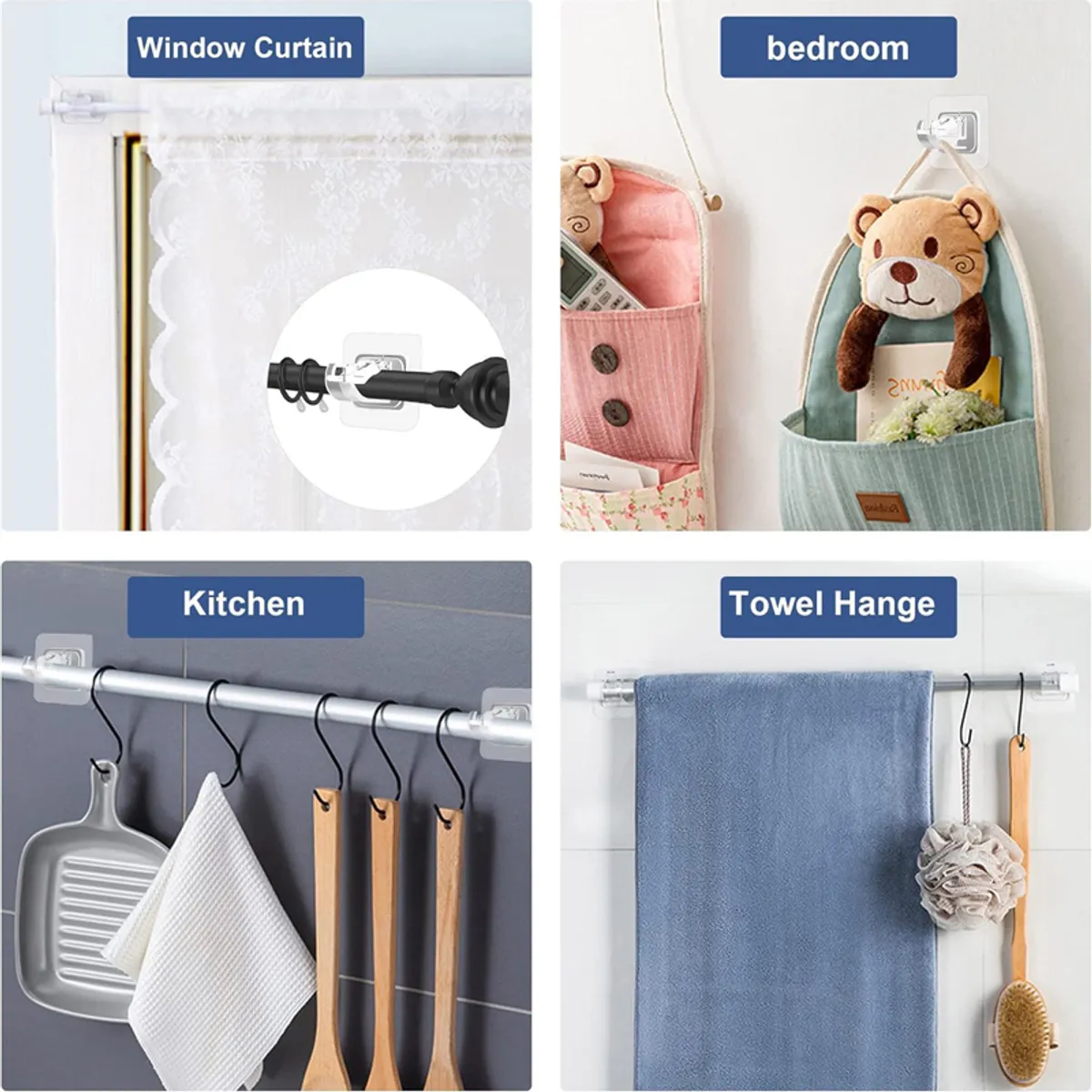 Curtain holders shown in window, bedroom, kitchen and towel-hanging settings