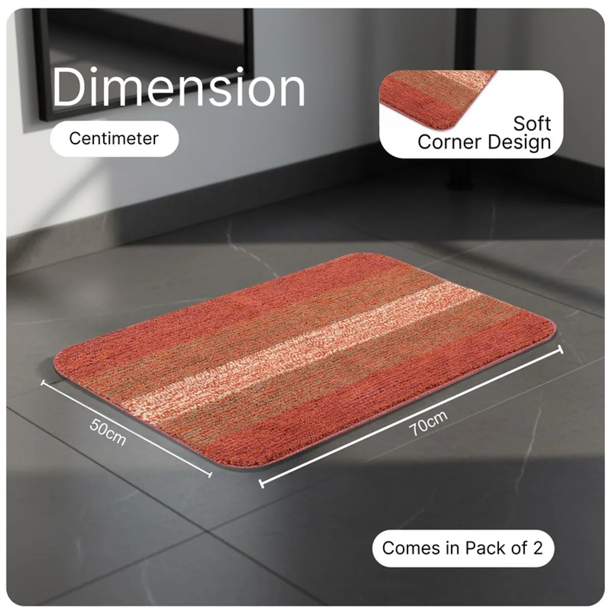 Rust striped bath mat displayed with 50 cm and 70 cm dimensions