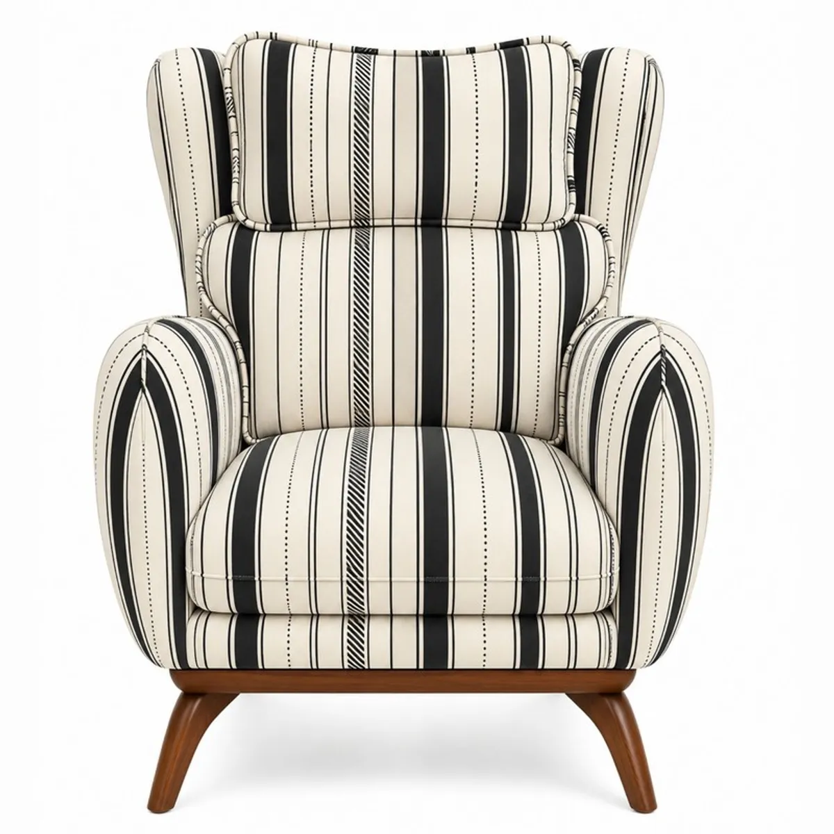 Front view of a white and black striped wingback chair