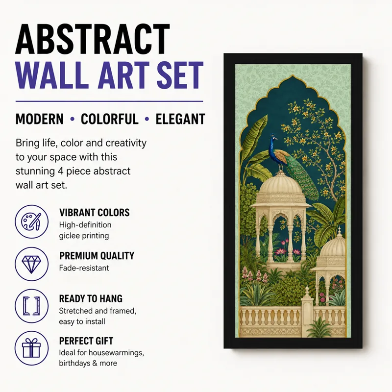 Promotional layout showing one framed peacock artwork beside design feature text.