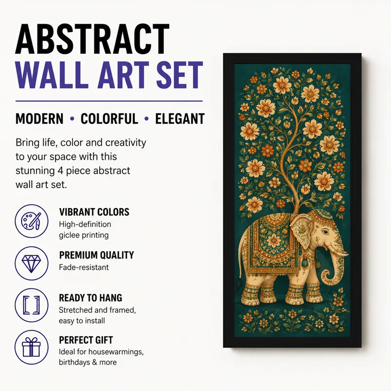 Close view of the elephant painting with floral detailing in a black frame