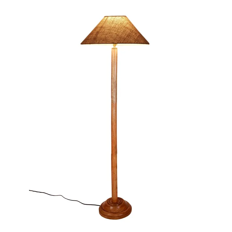 Wooden floor lamp with a brown jute shade on a plain white background