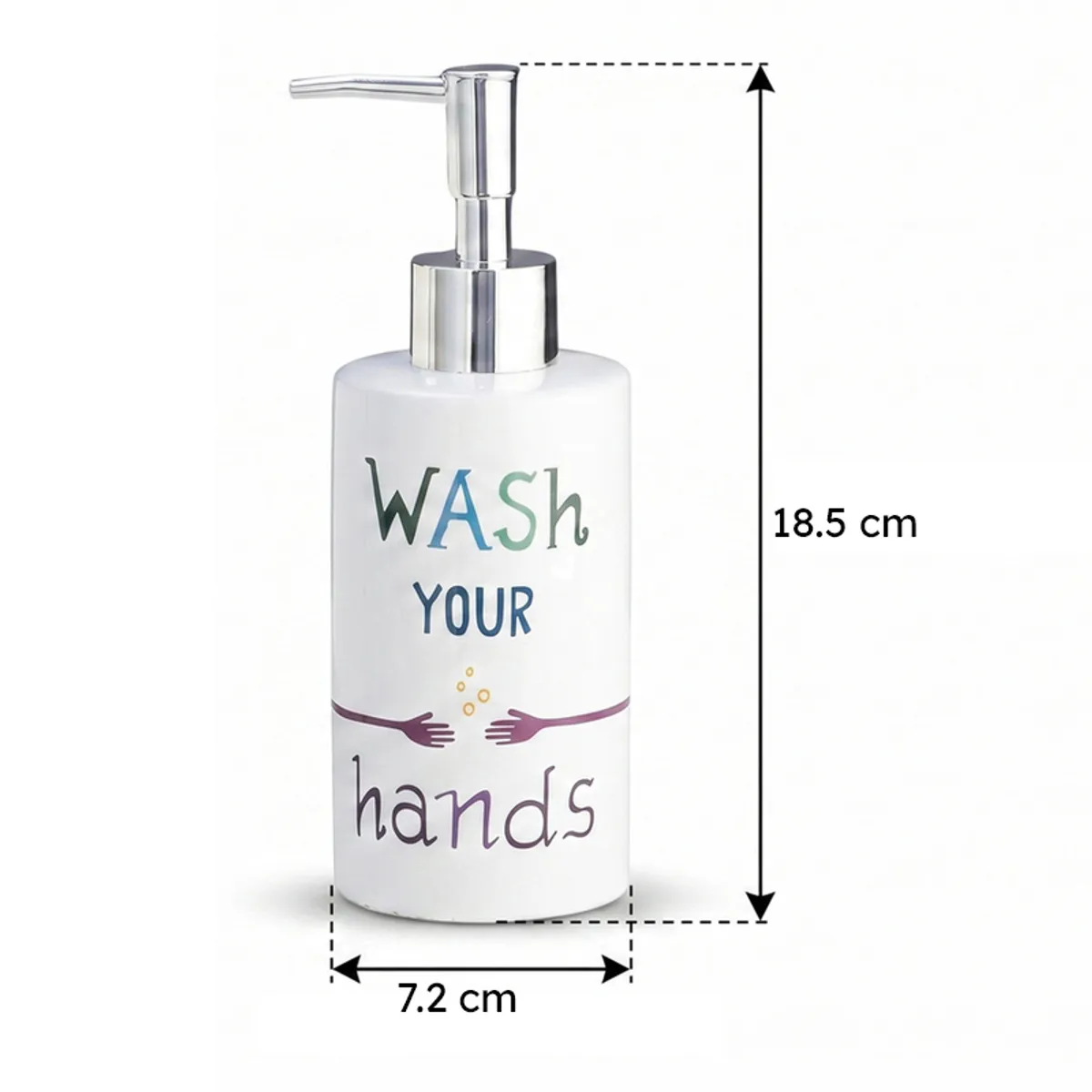 White soap dispenser with silver pump and dimension graphic