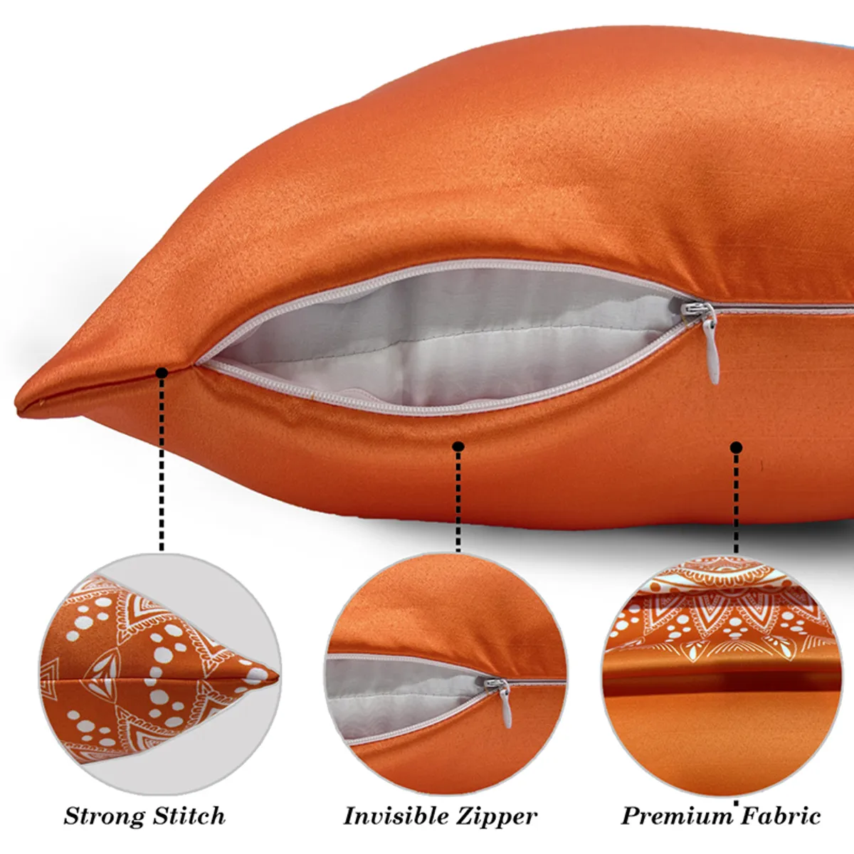 Close-up of an orange cushion cover showing its zip closure and fabric details