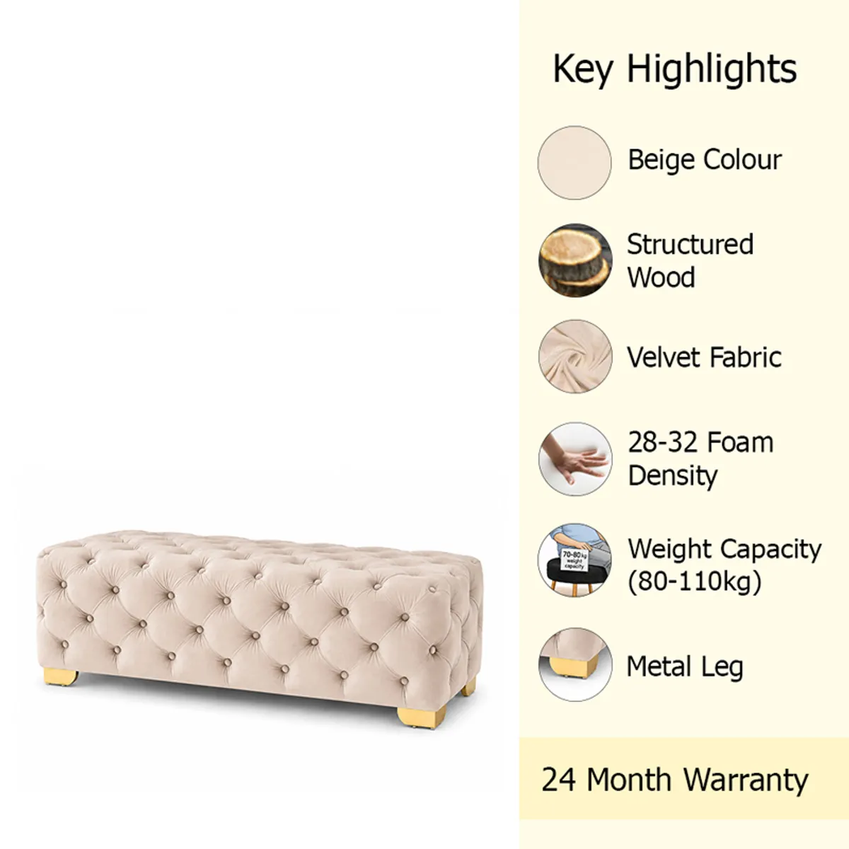 Beige velvet tufted bench shown with a visible key highlights panel.