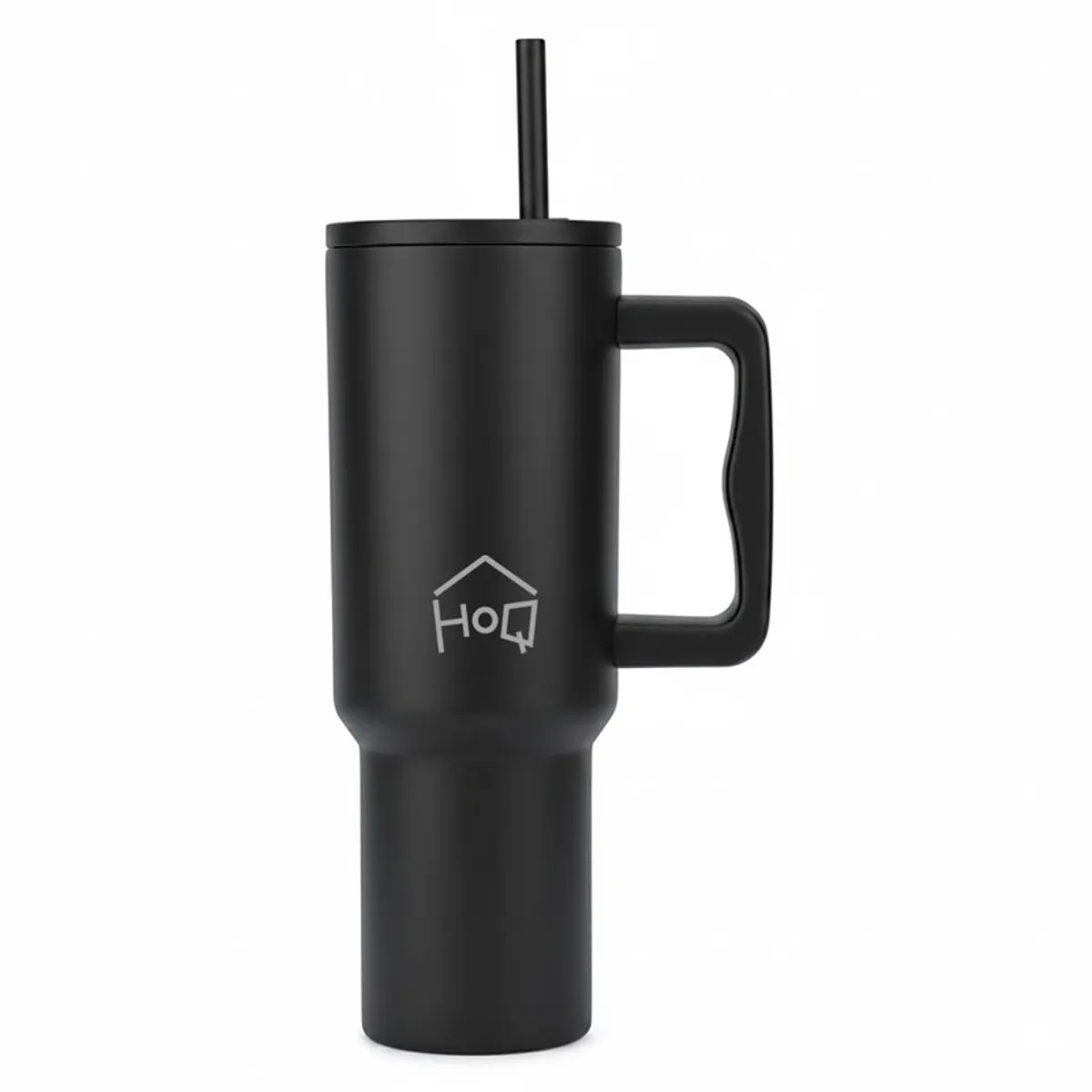 Black tumbler shown upright against a plain white background