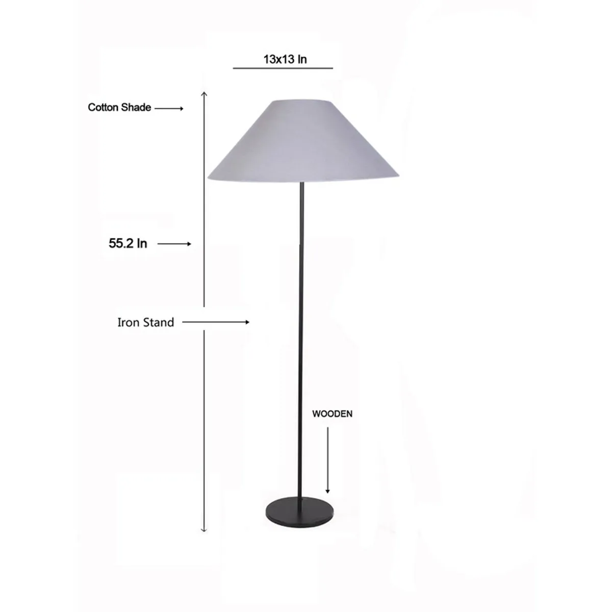 Front view of the floor lamp shown in a product measurement diagram