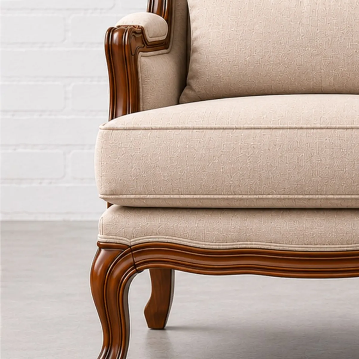 Close-up of the upholstered seat and carved brown wooden base