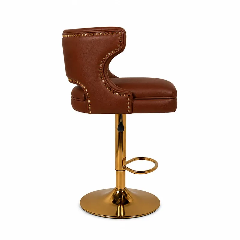 Side profile of a maroon bar stool showing its curved back and gold swivel base.