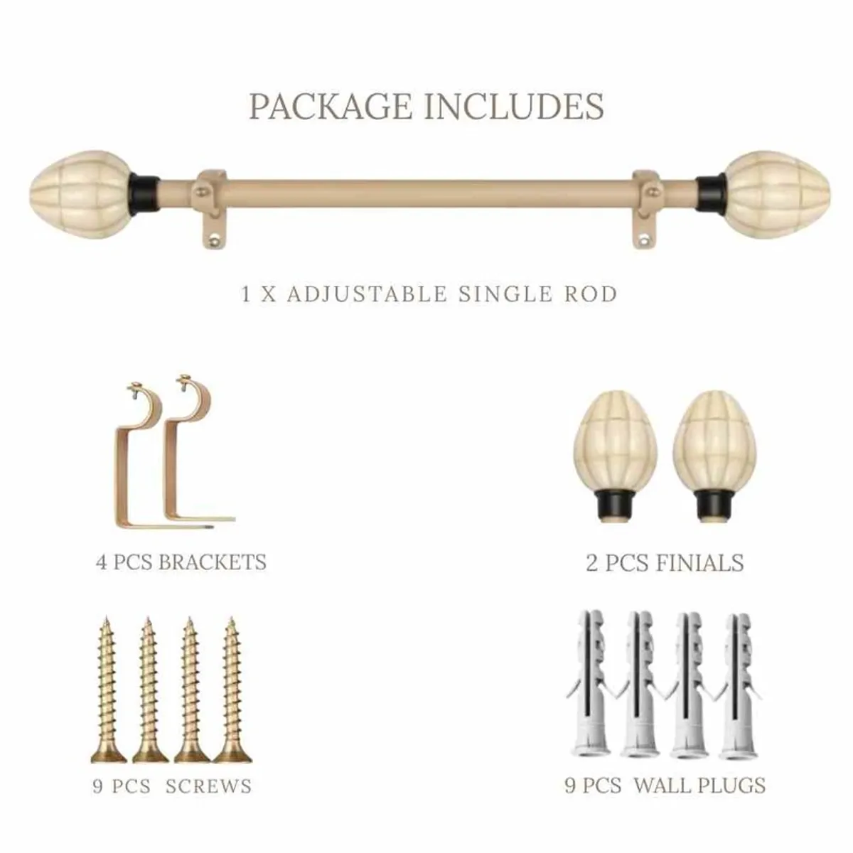 Curtain rod set with rod, brackets, finials, screws and wall plugs
