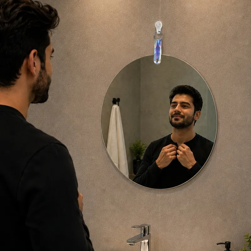 Round frameless mirror mounted above a bathroom sink