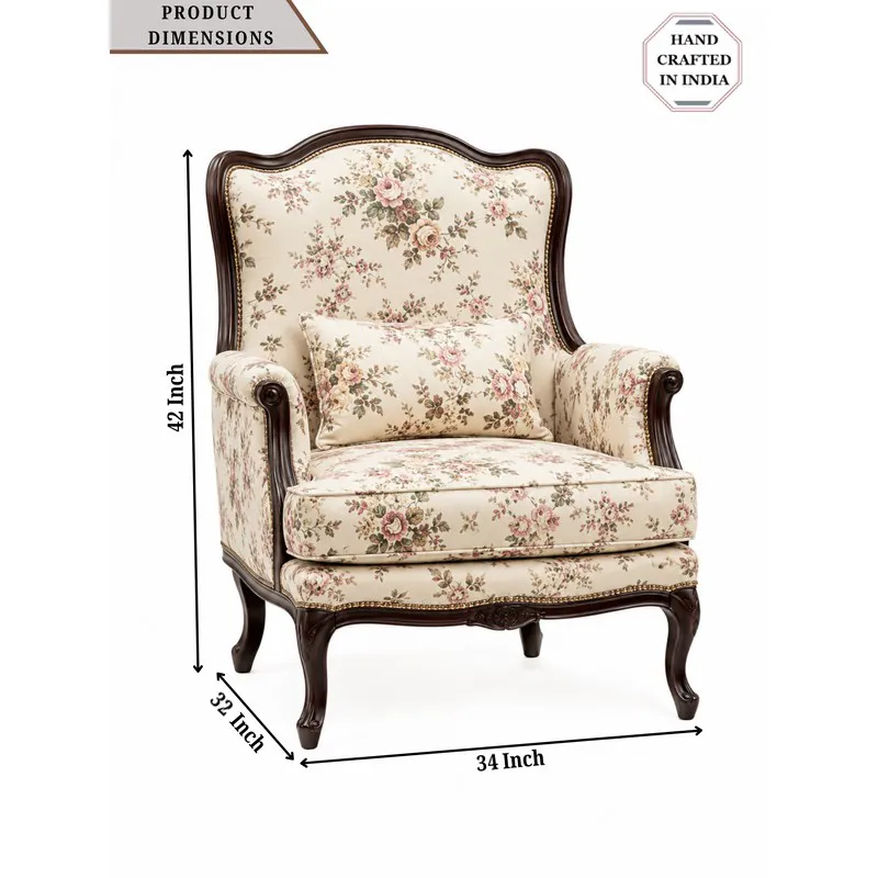 Accent chair with floral upholstery and dark wood frame on a white background