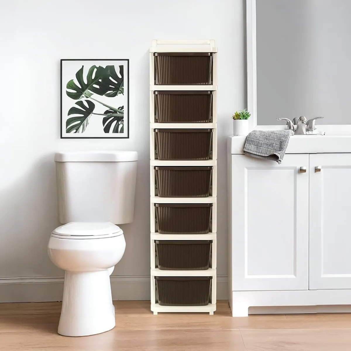 White and brown seven-tier storage rack positioned beside a bathroom vanity