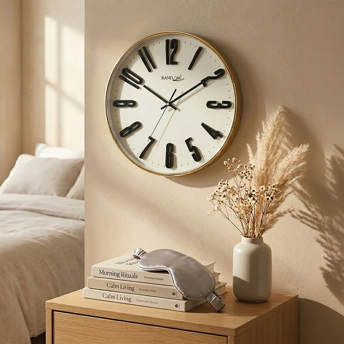 White and black round wall clock styled on a bedroom wall
