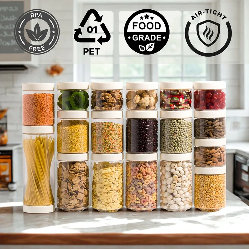 Clear round storage containers with white lids displayed in a kitchen