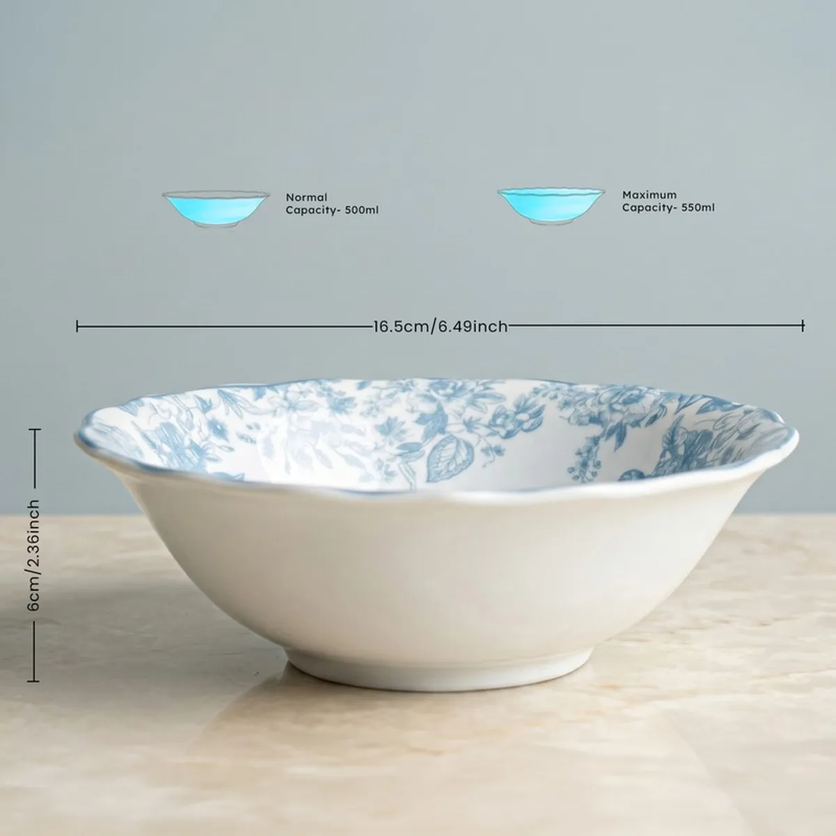 Blue and white floral serving bowl shown from the side