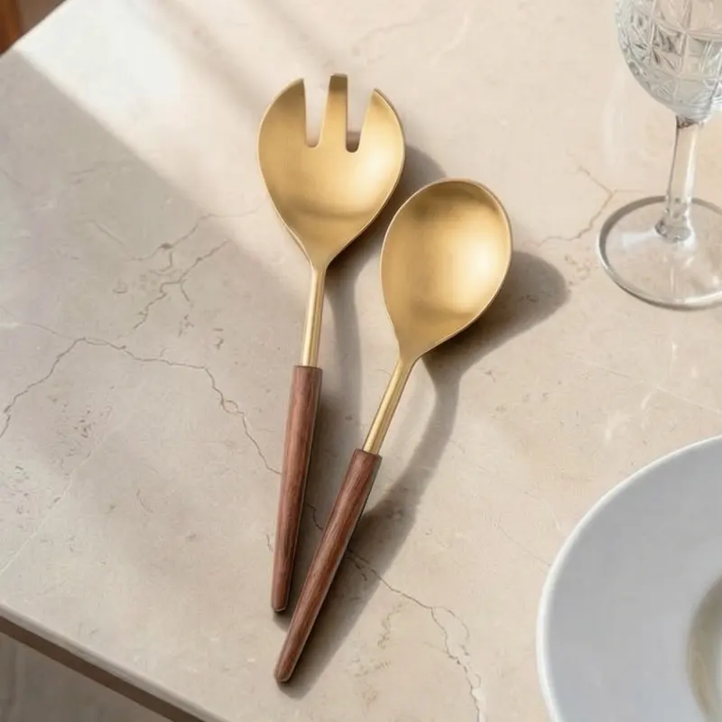 Rustic Luxe Stainless Steel & Wood Serving Spoon - Two Piece Set