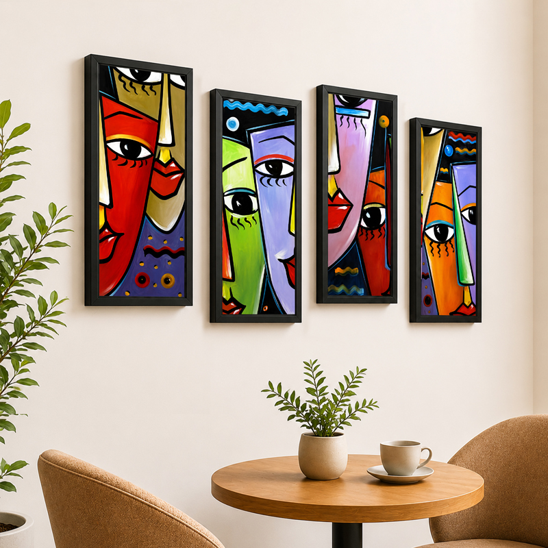 Abstract Faces Paper Wall Painting With Frame - Set of Four