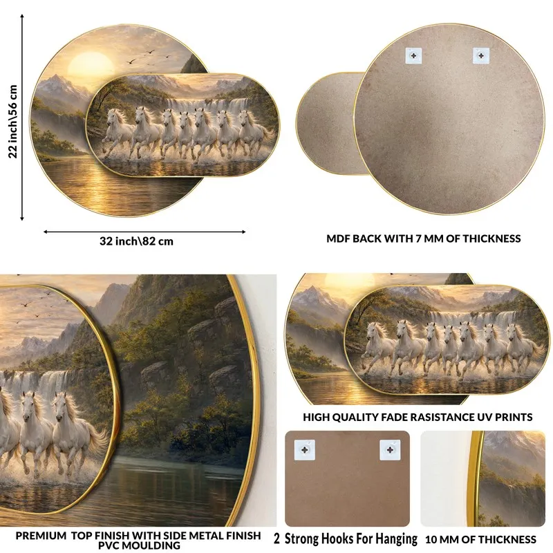 Collage showing the layered horse wall art, back panels, hanging hooks and close-up frame edges.