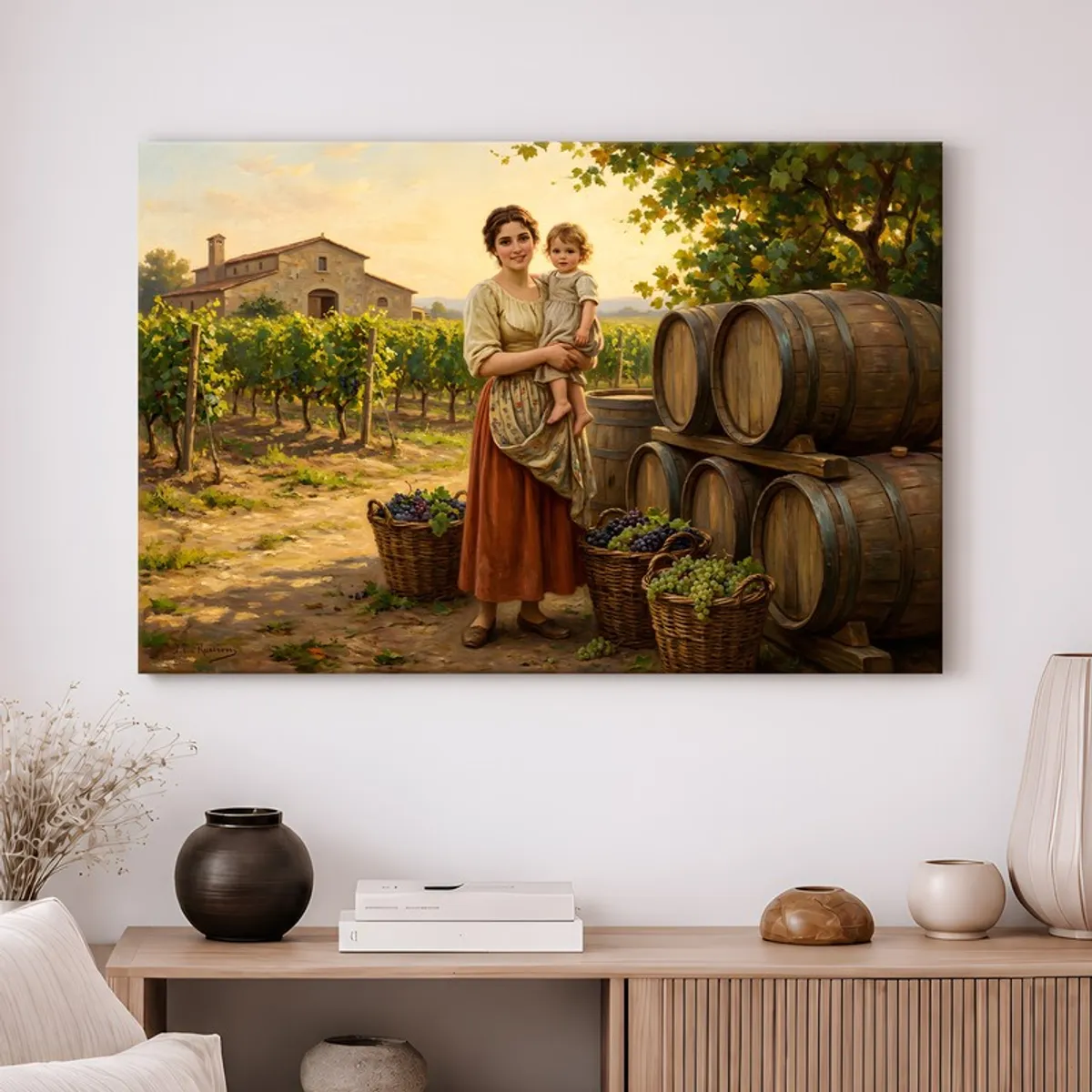 Vintage-style vineyard canvas art displayed above a wooden console table