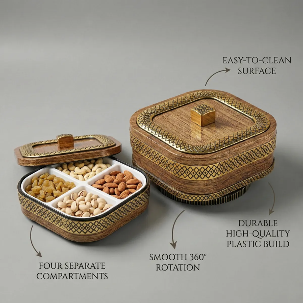 Brown and gold square masala box shown open with four sections and lid raised