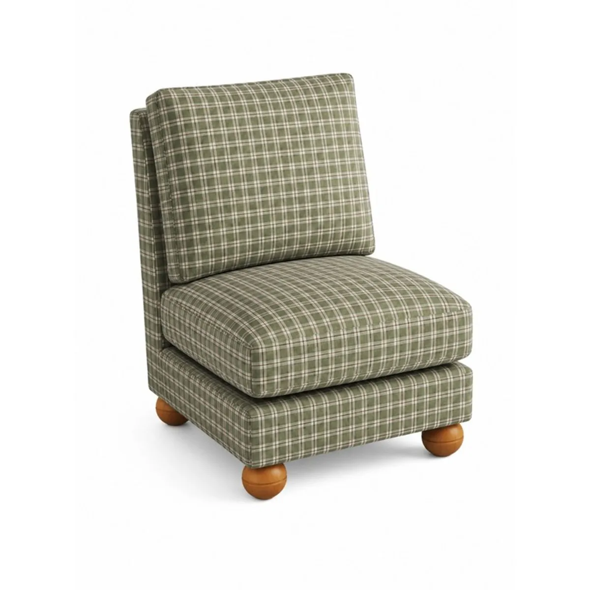 Angled view of a green checked accent chair with a compact cushioned silhouette