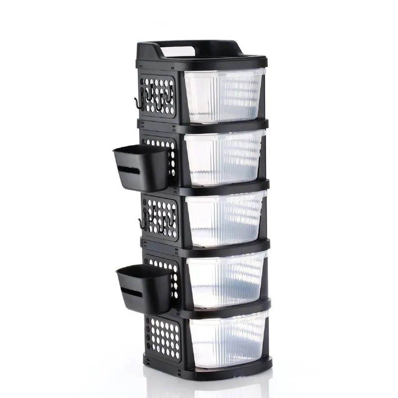 Black five-tier organizer rack with transparent drawers and side baskets on white background