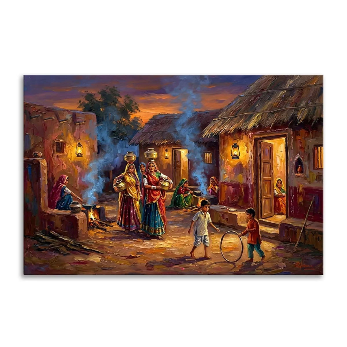Rectangular canvas painting of a lantern-lit village evening scene