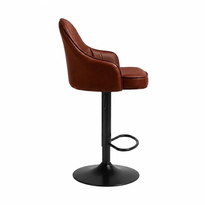 Side view of brown upholstered bar chair with black pedestal base