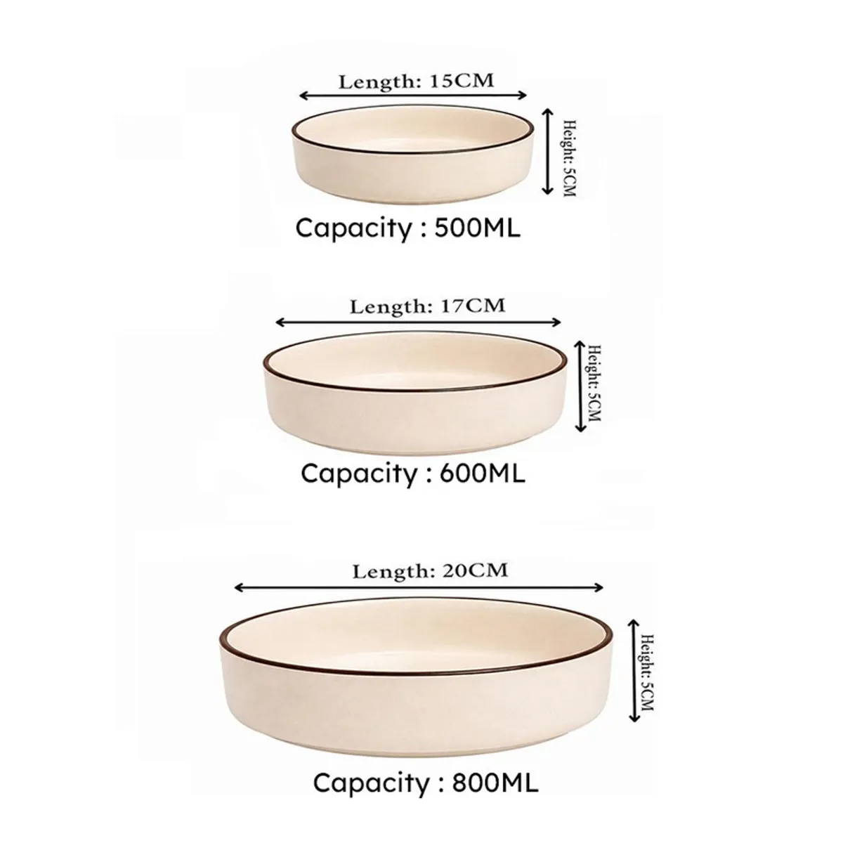 Three off-white bowls shown with their capacities and dimensions