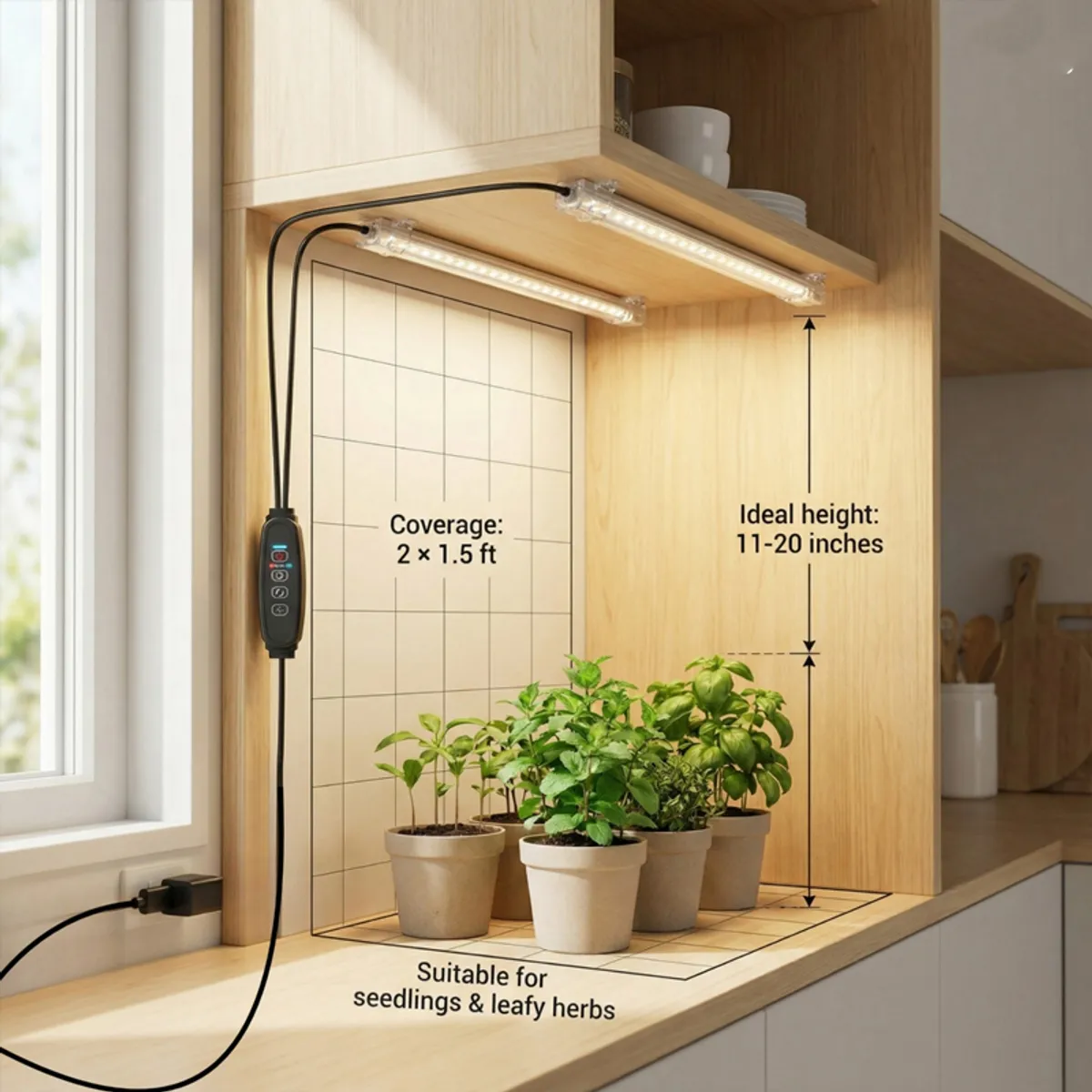 Two LED grow light bars mounted beneath a wooden shelf above potted plants