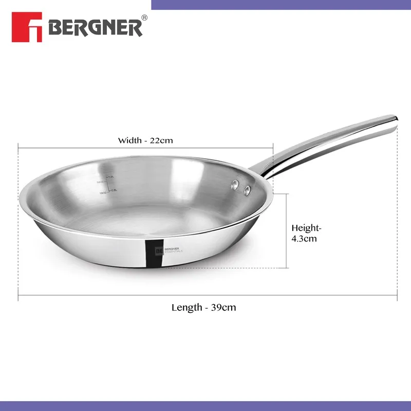 Silver frying pan shown with length, width and height measurements
