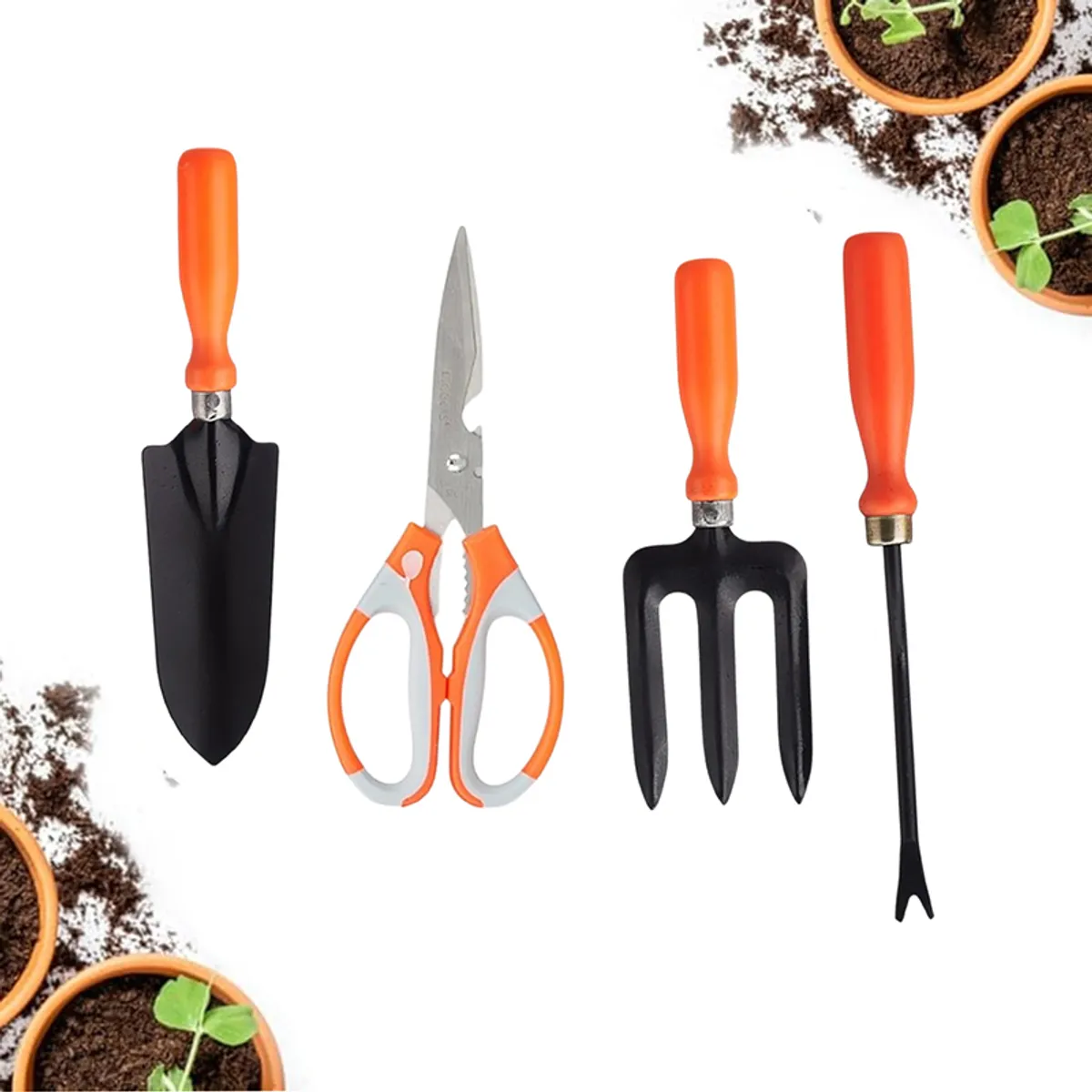 Set of four garden tools with orange handles on a white background