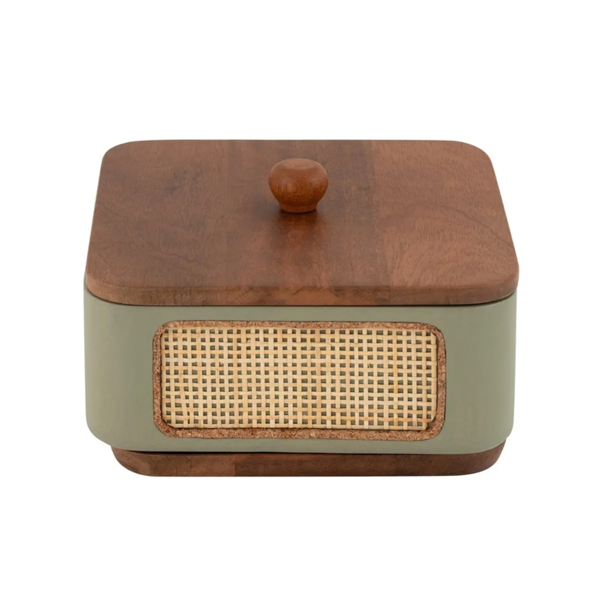 Front view of a square masala box with wood lid and textured panel