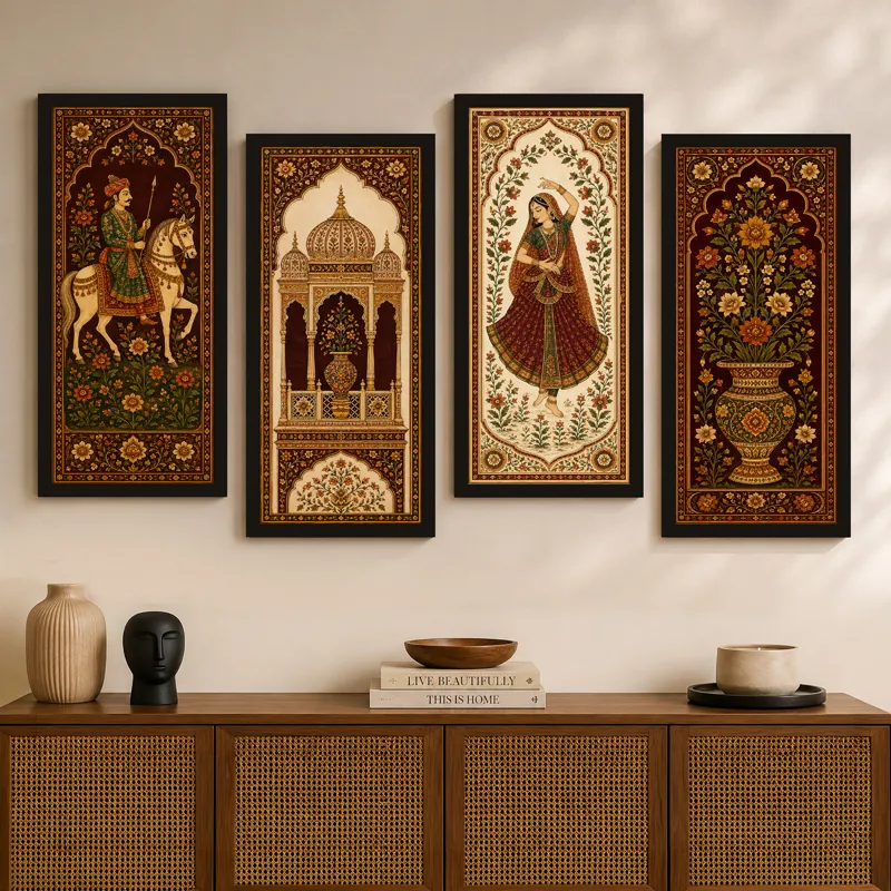 Four framed Mughal-style art panels displayed above a cane-front sideboard.