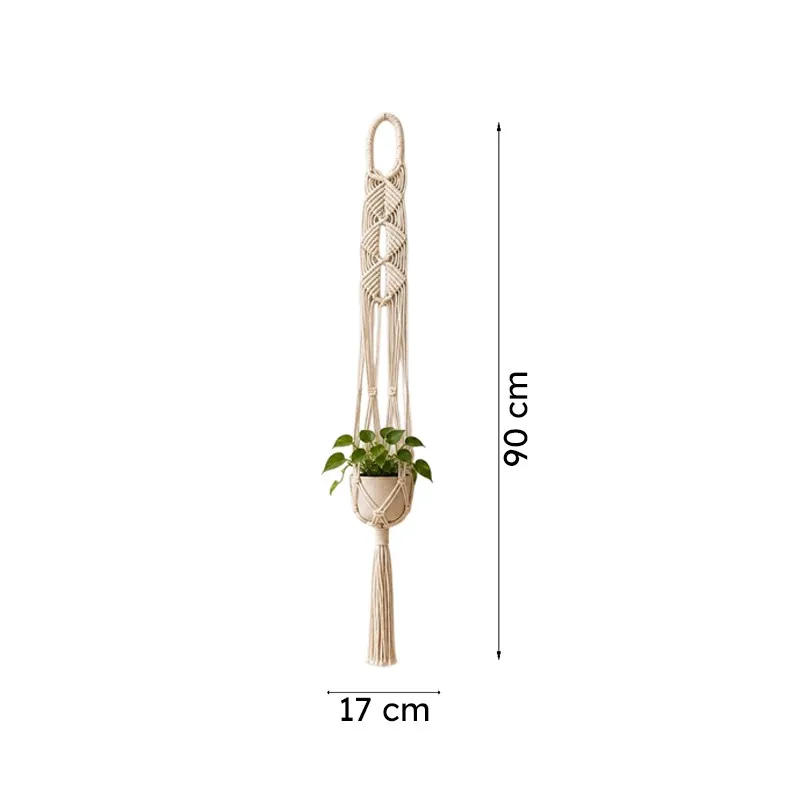Single macrame plant hanger with a potted plant shown with size markings